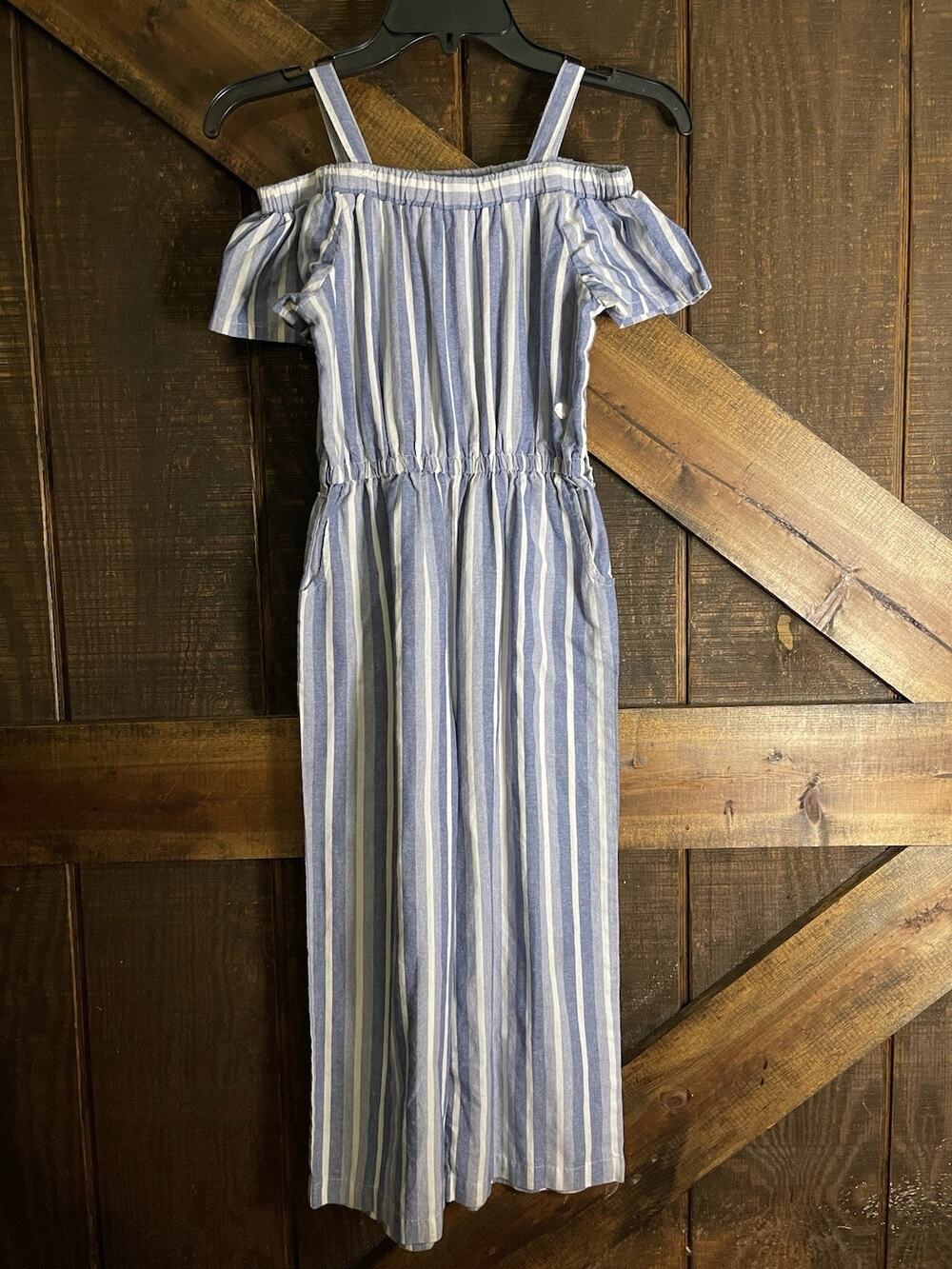BEBE Wide Leg Jumpsuit Girls Size 14 Kids BOHO Jumper Stripes Blue White Summer
